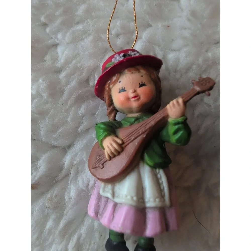 Vintage 1983 Bradford Novelty Girl Mandolin & Alpine boy Christmas Ornament